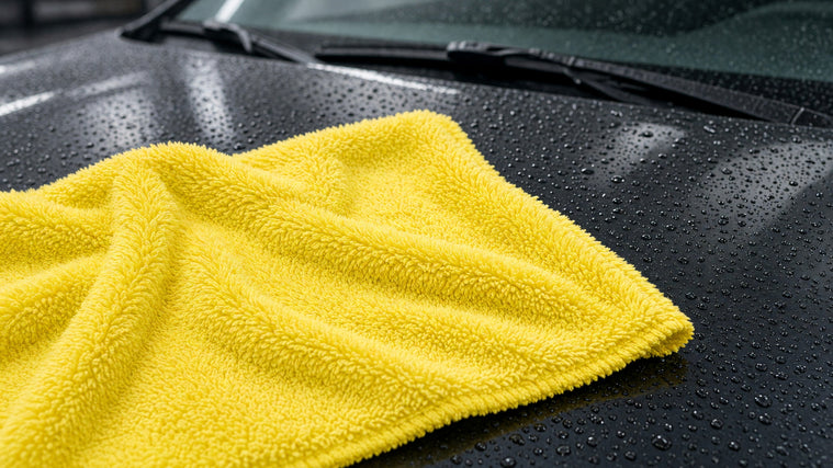 Lemon-yellow high-low plush microfiber towel on a wet car hood