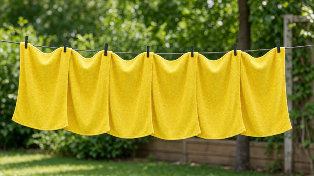 Lemon-yellow microfiber towels on a clothesline