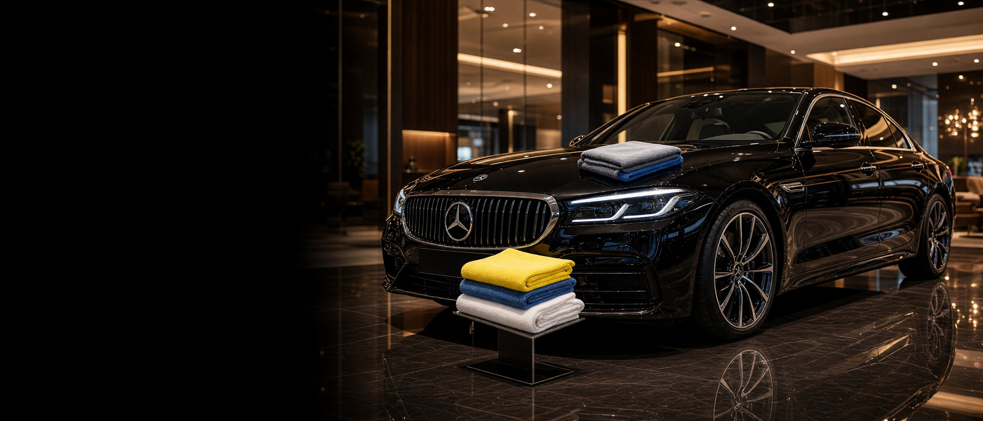 SJS AXIS microfiber towels and cotton rags in a luxury detailing showroom